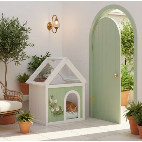 Katzenhaus aus Holz mit Acryl-Dach im Häuschen-Stil für Katzen und kleine Hunde (1/5)