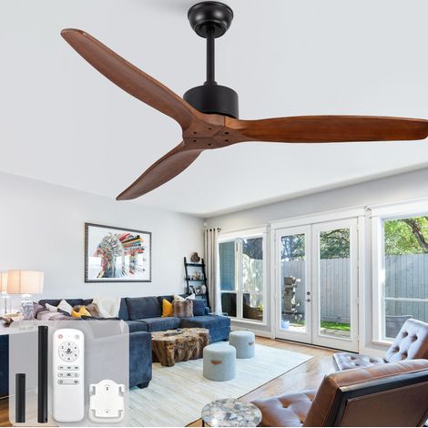 Ventilador de techo 52 pulgadas sin luz, 3 aspas de madera, mando a distancia, 6 velocidades, reversible (1/5)
