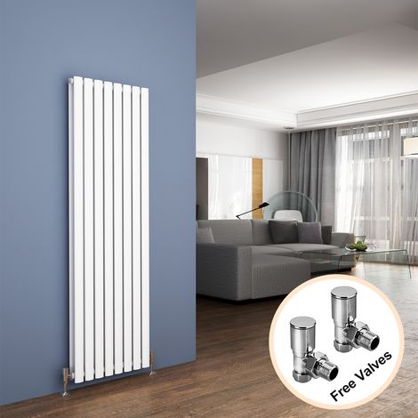 ELEGANT 1600 x 480 mm White Vertical Column Radiator Double Oval Panel Designer Efficient Radiators + Chrome Angled Radiator Valves (1/5)