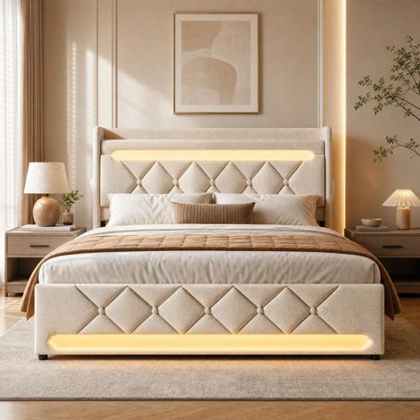 Letto matrimoniale 160x200 tessuto beige, con contenitore LED per camera senza materasso - FLORAGRACE (1/5)