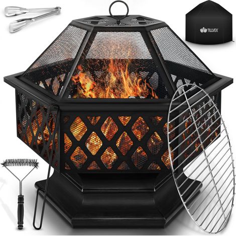 tillvex Brasero Exterior 4 en 1  Hoguera de Jardín con Asador y Tapa  Pozo de Fuego, Estufa con Barbacoa  BBQ Fire Pit con Atizador, Pinzas y Parrilla (1/5)