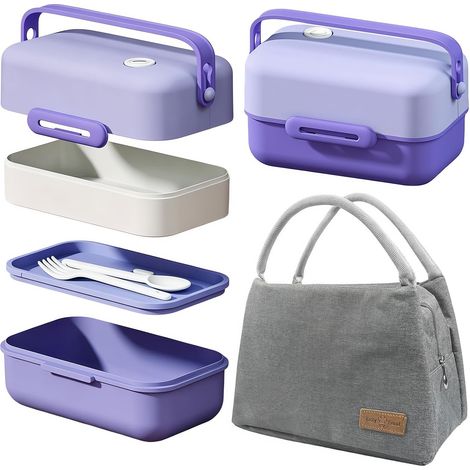 Bento Lunch Box 1650ml Violet, Lunch Box Isotherme avec Couverts + Sac Isolant Gris, Anti Fuite Boite Repas pour Pique-Nique, Travail, Ecole (Violet) (1/5)