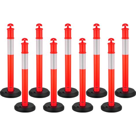 Poteau de Signalisation 9PCs 114 cm, Balise de Délimitation avec Base Remplissable et Bandes Réfléchissantes, Délinéateur de Circulation pour Contrôle des Foules, Chantier Parking, Rouge (1/5)