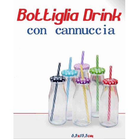 TrAdE Shop Traesio - Set 2 Pezzi Bottiglia Con Tappo Colorato Fantasia Bambini Cannuccia Bibite Drink -