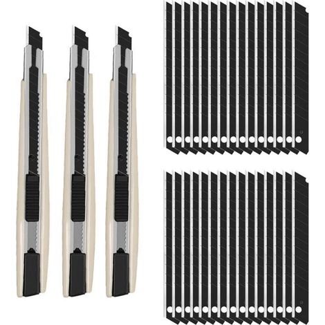 3er Set Cuttermesser 9mm mit 30 Abbrechklingen, Profi Cutter für Folien, Papier, Basteln
