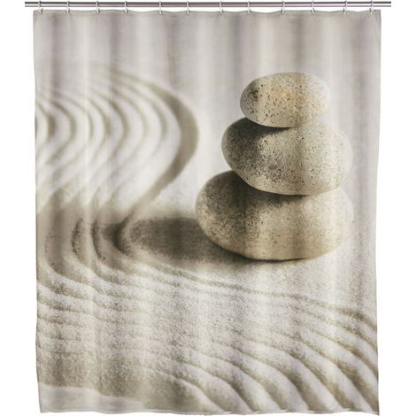 Rideau de douche hydrofuge 180 x 200 cm – Polyester 100 % – Motif sable et pierres – Lavable à 30 °C – Renforts métalliques inox (1/5)