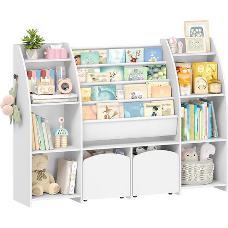 Bibliothèque Enfant avec Porte-journaux, Meuble Rangement Enfant, Étagère à Jouets avec 3 colonnes, 4 étagères, 30 x 140 x 100 cm, Blanc (1/5)