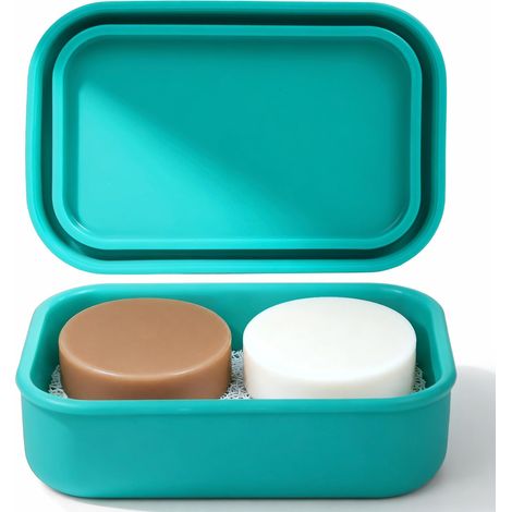 Porte-Savon de Voyage Anti-Fuite, récipient à Savon en Silicone avec Couche de Drainage, pour Salle de Bain, Camping, Salle de Sport, Facile à Nettoyer, Vert (1/5)