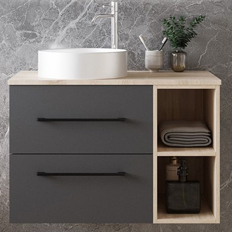 Ocean Meuble Salle de Bain Suspendu avec Lavabo, Meuble 2 Tiroirs 79cm, Planche Chêne et Lavabo céramique blanche