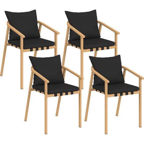 Set di 4 sedie da giardino MALTA, struttura in metallo effetto legno, cinghie e cuscini neri