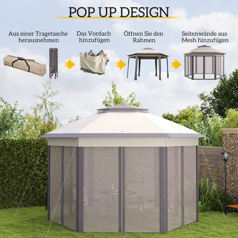 Pavillon extérieur dépliable, gazebo 4x4 m, abri de fête avec housse de transport, 6 parois latérales, double toiture, hexagonale, beige