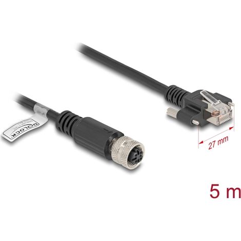 Delock M12 Cable D codificado 4 pines hembra a RJ45 macho con tornillos Cat.5e FTP 5 m negro