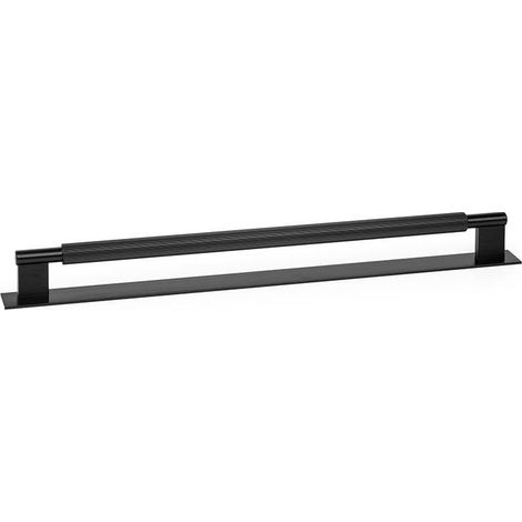 tirador aluminio modelo arpa plate con placa acabados disponibles efecto inox, negro cepillado y laton cepillado acabado negro cepillad dist. agujero dist. 320mm.