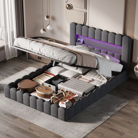 JOOKGBD–Letto a Contenitore 180x200 cm,Letto Matrimoniale Imbottito,Contenitore Idraulico,Illuminazione LED,Testa con Porta USB,Rete a Doghe,Letto per Adolescenti,Tessuto Morbido,Grigio Chiaro