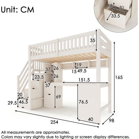 Lit superposé enfant 90x200 cm blanc avec escalier, penderie et bureau d'angle sous le lit, rangements et tiroirs, lit en bois gain de place pour enfants et adolescents, sans matelas (1/5)