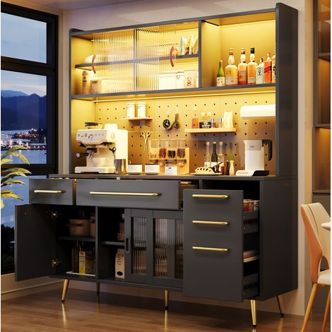 Anrichte MDF/Glas schwarz 145x39x171 cm mit LED-Lichtleiste, Pegboard, 2 Schubladen, Schiebetür und verstellbaren Böden (1/5)