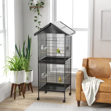 Jaula para Pájaros Grande de 2 Pisos Convertible en Sola Jaula con Ruedas Comederos 4 Perchas 78x75x168 cm Negro (1/5)