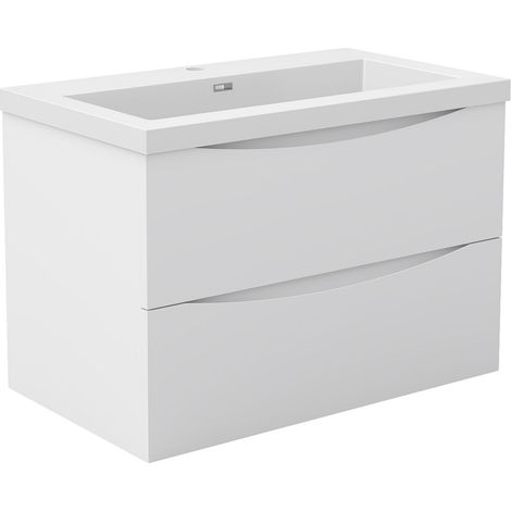 Meuble de Salle de Bain Suspendu Blanc Mat 80cm avec 2 Tiroirs Silencieux, Vasque Résine, Résistant à l'Humidité, Design Moderne (1/5)