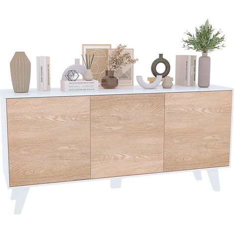 Credenza Mobile Mobiletto Soggiorno Salotto Ingresso Sala da Pranzo 3 Ante 154 x 41 x 75 cm Colore Bianco Lucido Rovere Chiaro (1/5)