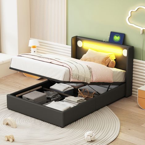 Lit coffre enfant noir 90x200 cm, lit simple rembourré LED Bluetooth avec 2 USB, rangement hydraulique, sommier lattes bois (1/5)