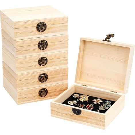 Lot de 6 caisses en bois avec couvercle, 15 x 10 x 5 cm, petite caisse en bois avec charnières et serrure, boîte à bijoux, coffre au trésor en bois pour emballage cadeau, travaux manuels (1/5)