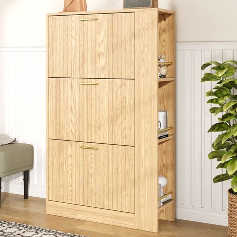 Zapatero de MDF color natural 70 x 23,5 x 115 cm, 3 puertas y estantes laterales abiertos