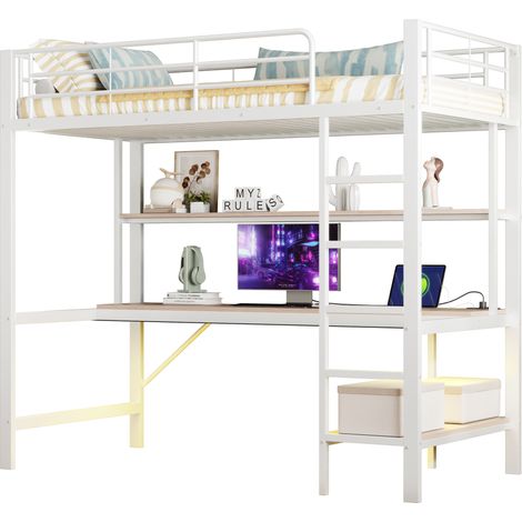 Hochbett 90 × 200 cm mit Geländer und Leiter, USB & Steckdose, LED-Beleuchtung, Schreibtisch und Regalen, Metall, Weiß, ohne Matratze