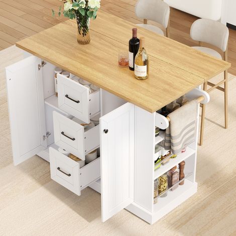 MODFU – Isola cucina mobile 120x70x90 cm in MDF con piano ribaltabile, 3 cassetti, mensola, ruote frenate e carico 60 kg – Bianco (1/5)