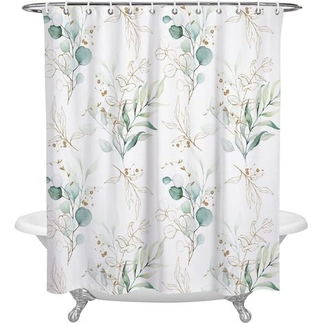 Rideau de douche aquarelle motif feuilles d'eucalyptus, imperméable, en polyester, décoration de salle de bain – 150 x 180 cm (1/5)