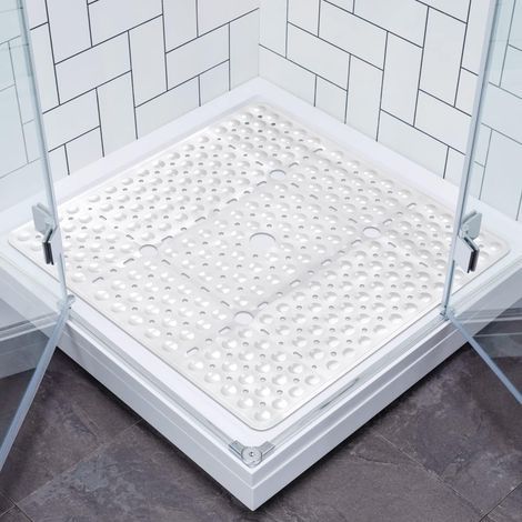 Tapis de douche antidérapant, grand tapis de bain carré 7070cm avec ventouses, tapis de bain antibactérien lavable pour douche et baignoire (blanc pur)