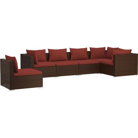 Salon de jardin meuble d'extérieur ensemble de mobilier 6 pièces avec coussins résine tressée marron (1/5)