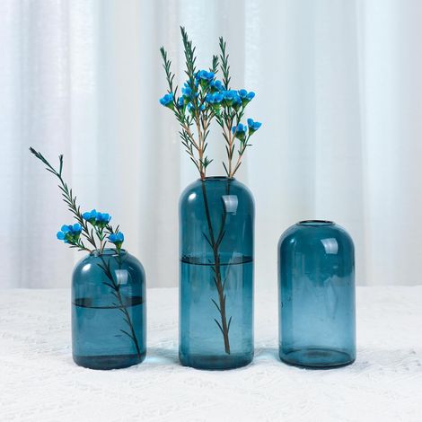 Lot de 3 vases en verre pour fleurs – Petits vases en verre décoration salon, table mariage, événements, intérieur, arrangements floraux (bleu ciel) (1/5)