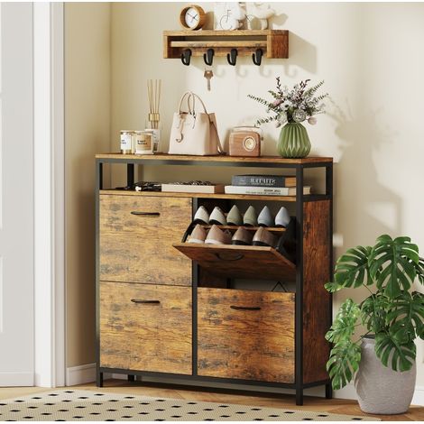MEUBLIV Zapatero 98x24x95 cm marrón rústico - 4 puertas abatibles y estante abierto (1/5)