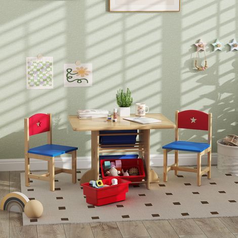 Kindertisch- und Stuhlset für 3- bis 7-Jährige, bestehend aus einem Kindertisch mit 2 Stühlen und 4 Aufbewahrungsboxen für das Kinderzimmer, aus MDF und Kiefernholz, Holzfarbe