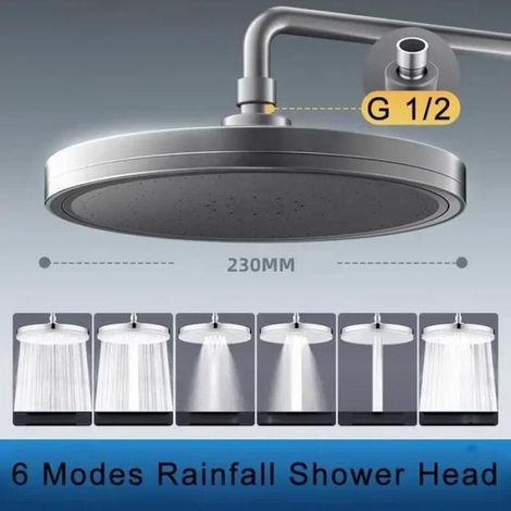 Pommeau de douche pluie à haute pression, 6 modes, rotation à 362 °,accessoires de douche à pulvérisation supérieure,nouveau,gris (1/4)