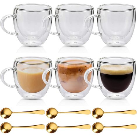 Lot de 6 verres à latte macchiato à double paroi - 250 ml - Avec anse et cuillère - Résistants à la chaleur et au froid - Pour cappuccino, thé, café, lait, jus, bière (1/5)