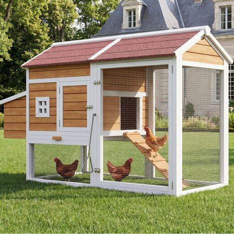 Poulailler hivernal bois de sapin 185x91x115cm pour 6 poules max, pondoir, tiroir galvanisé, perchoir et loquet sécurisé, enclos extérieur (1/5)