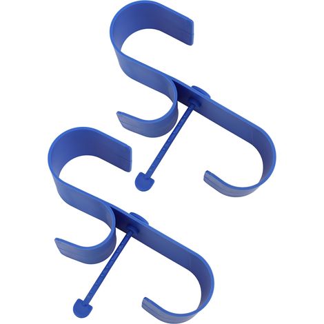 Lot de 2 crochets plastique bleus pour barrière de piscine, porte-canne et rangement accessoires tuyaux brosses balais, suspendu sur rambarde (1/5)