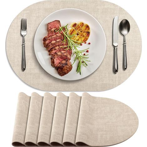 Lot de 6 sets de table ovales antidérapants en cuir résistant à la chaleur, double couche, imperméables, faciles à nettoyer, pour cuisine, salle à manger, café, bureau, beige (1/4)