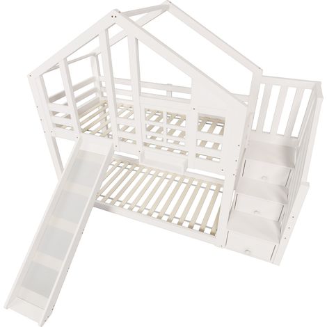 Kinder-Hausbett 90 x 200 cm Weiß mit Rutsche, Schutzgittern und 2 Lattenrosten (1/5)