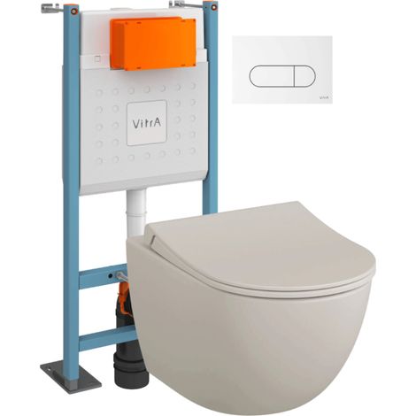 Pack WC suspendu VITRA Sento lin mat + bâti autoportant V-Fix Core + Plaque Round or brossé (1/4)