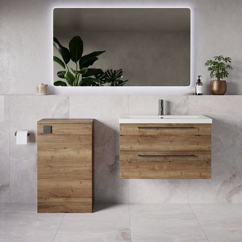 Napoli 390 Tobacco Oak 1300mm Wall Mounted 2 Drawer Vanity Unit and Toilet Suite with Glide Basin - 1300mm - Gunmetal Grey 480mm HandleWithout Kingston Toilet Pan
