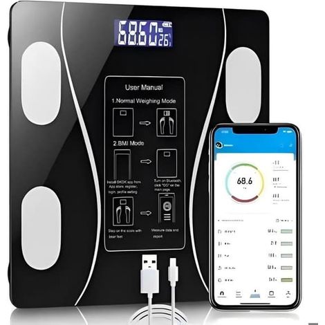 Balance impédancemètre (noir-noir), balance connectée Bluetooth, chargement USB, compatible iOS/Android, avec 19 indicateurs de données corporelles. (1/5)