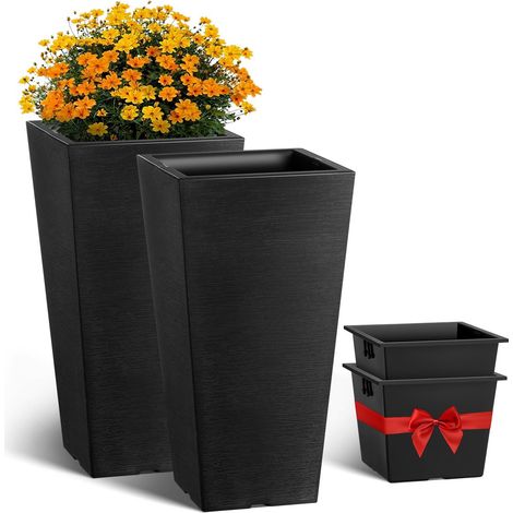 Pot de Fleurs, Lot de 2, Grande Jardinière Plantes 570 mm, Design Moderne, Système de Drainage Efficace Intégré, avec Bac Plantation, pour Jardinage de Porche, Patio, Extérieur, Intérieur, Noir (1/5)