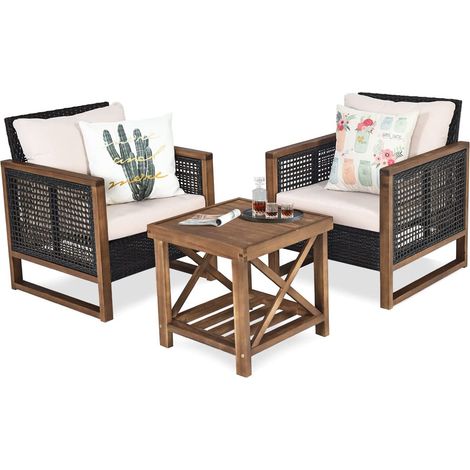 COSTWAY Conjunto de Muebles de Ratán de Jardín de 3 Piezas, Mesa de Café de Madera de Acacia y 2 Sillas de Ratán PE, Terraza, Patio (1/5)
