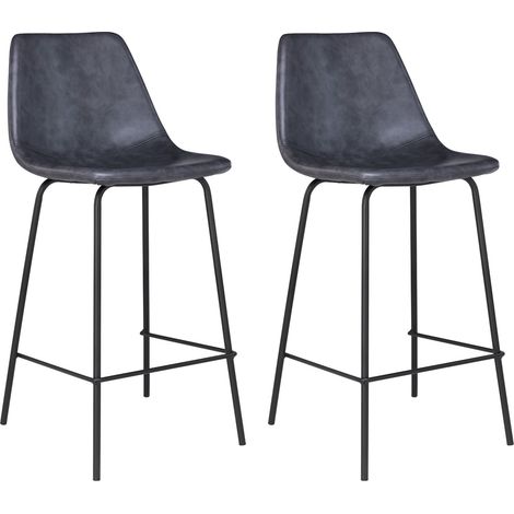Happy Garden – Lot de 2 tabourets de bar vintage 65cm – Revêtement simili gris foncé – Pieds en métal noir – Confort optimal avec repose-pieds