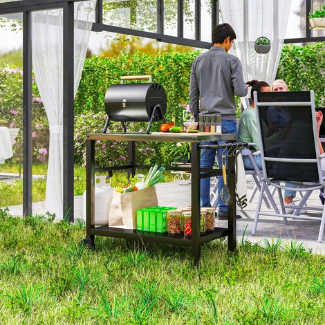 Carrello per barbecue, carrello di servizio a 2 livelli con piano di lavoro, ripiani, ganci, ruote, acciaio inox, 102 x 56 x 81 cm