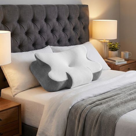 Oreiller Mémoire de Forme, Ergonomique, Ajustable en Hauteur, pour Dormeurs Côté/Dos/Ventre, Blanc et Gris (1/5)