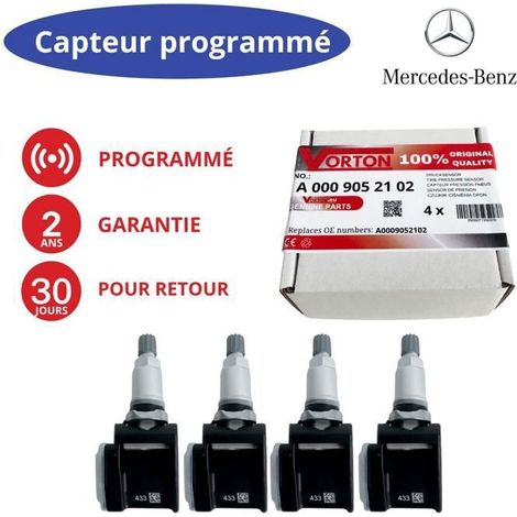 Pacchetto di 4 sensori TPMS pre-programmati Mercedes A0009052102 – 433 MHz, valvole ruota, compatibili con Classe E/G/CLS/AMG GT