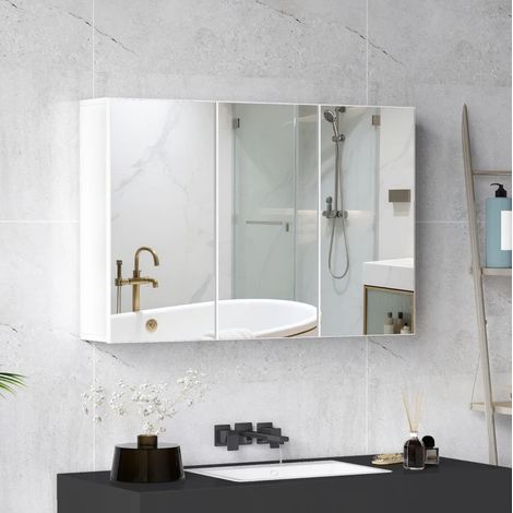 Meuble miroir de salle de bain moderne blanc, 3 portes miroir, 5 étagères, mural 90 x 15,5 x 60 cm (1/5)